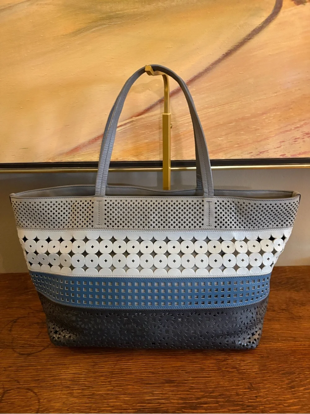 Salvatore Ferragamo Laser-Cut Gancini Leather Colorblock Tote Four Color